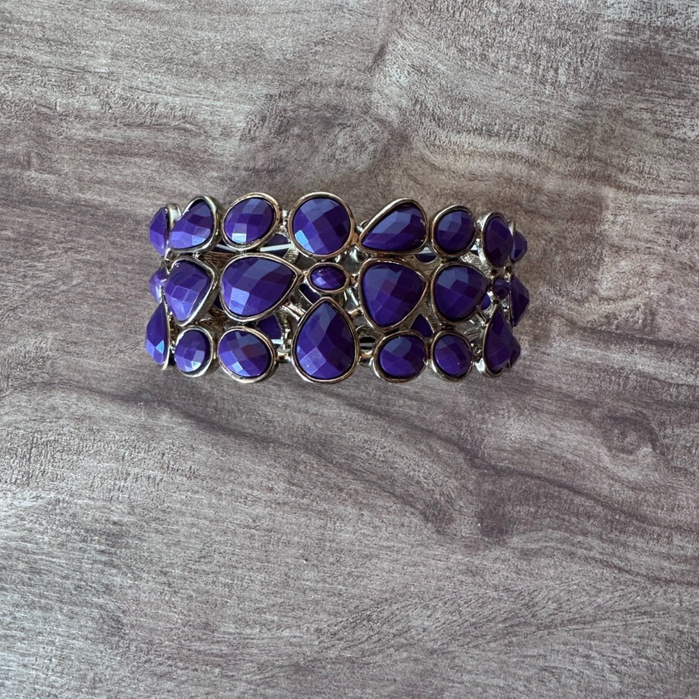 Chunky Stretchy Bangle Bracelet Purple & Gold Tone Faceted Bead Bling Costume